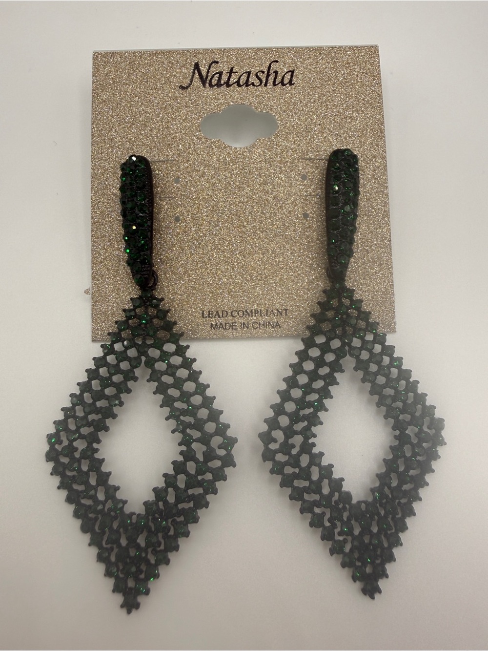 Natasha Couture Black and Green Glitter Diamond Drop Earrings